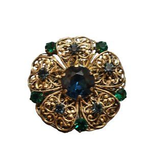 Vintage Signed Czecho Brass Filigree Rhinestone Brooch (A2348)